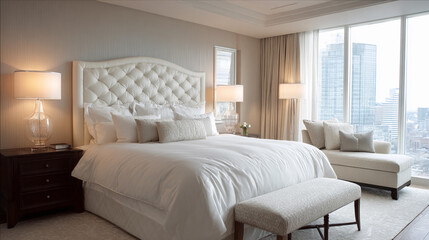 Stylish bedroom with city view in modern high-rise apartment