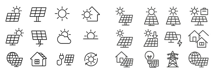 Solar energy icons depicting various aspects of renewable technology for home and global applications