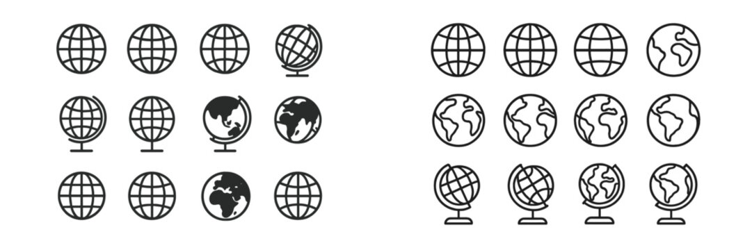 Collection of globe and earth icons illustrating global geography and world exploration