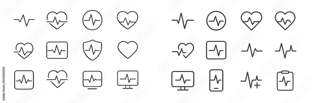 Aufkleber various heartbeat and heart rate icons displayed in diverse styles and formats suitable for healthca