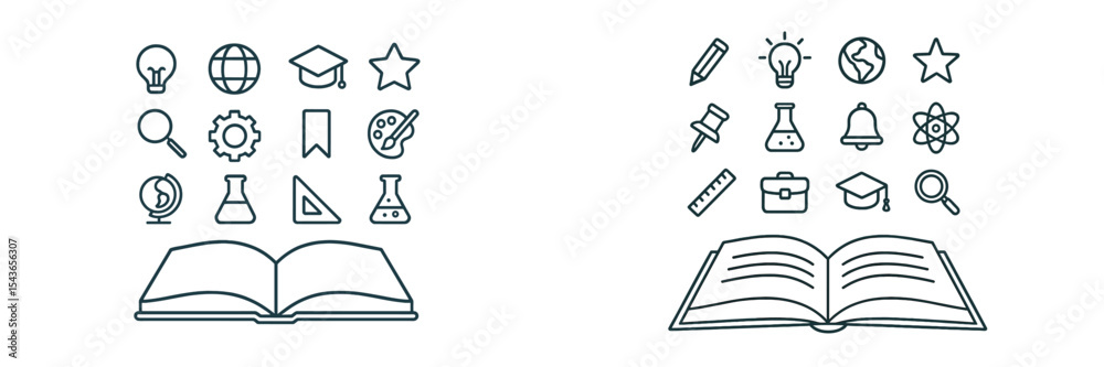 Poster Various educational symbols and open books representing learning and knowledge in a minimalistic style