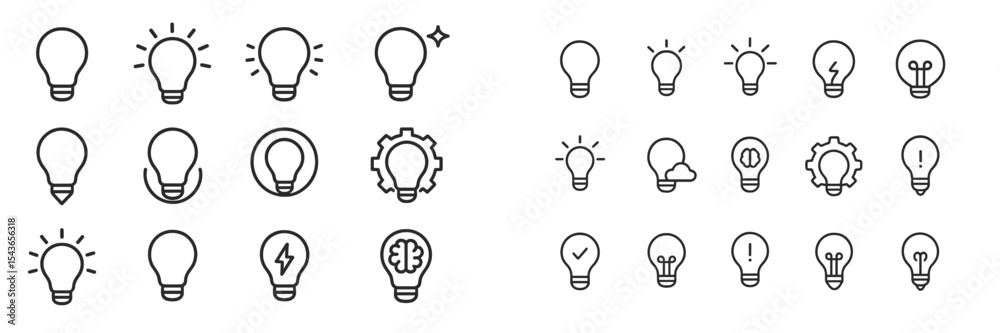 Poster collection of light bulb icons representing various concepts and ideas in a simple, minimalist style