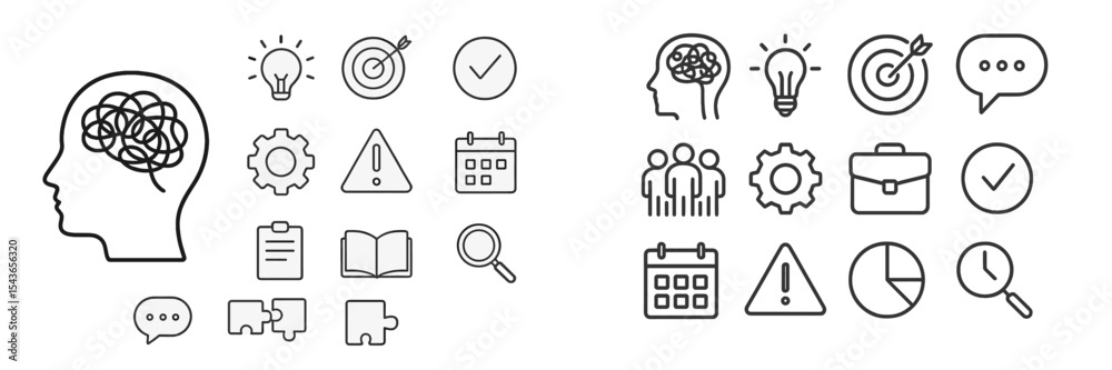 Poster various icons representing mental processes, decision making, and teamwork in a modern minimalist st