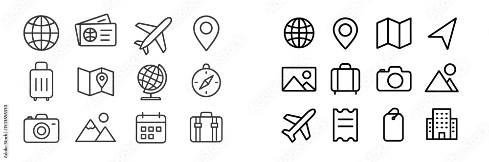 Aufkleber variations of travel-related icons showcasing exploration and adventure elements in a minimalist des