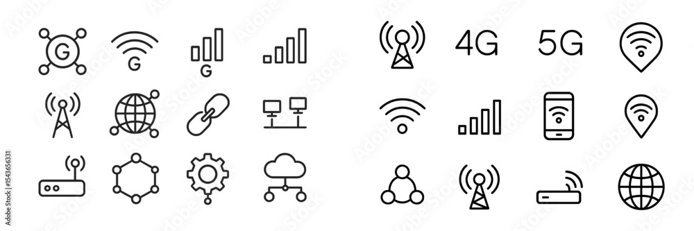 Poster various icons representing wireless technology and network connectivity including 4g and 5g indicato