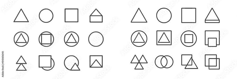 Poster Geometric shapes and patterns displayed in minimalistic design, showcasing various forms and lines for educational and artistic purposes