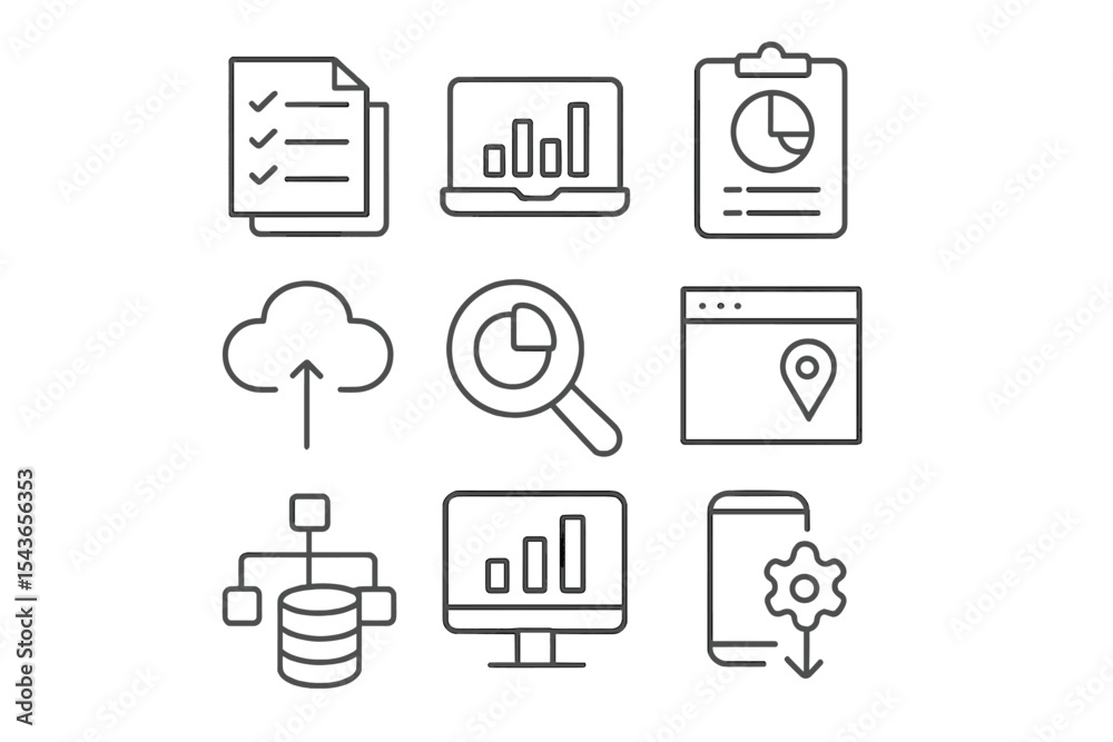 Poster Digital icons representing data analysis, cloud storage, and software applications in a modern workspace