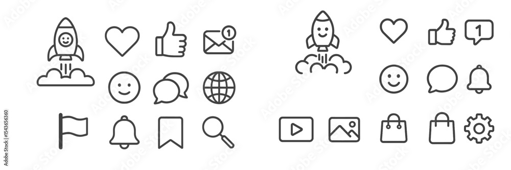 Poster Collection of simple line icons representing various concepts such as communication, technology, and emotion for digital use