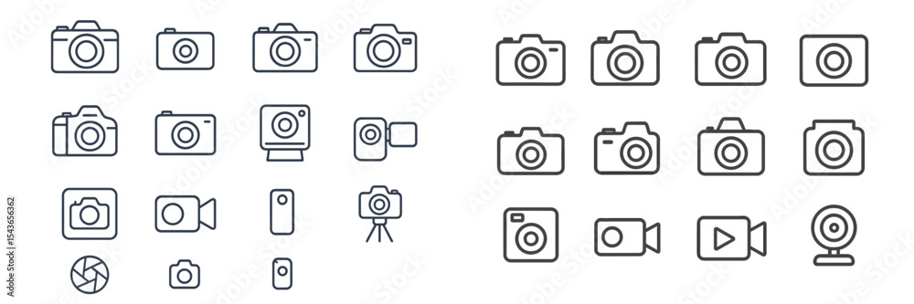 Poster collection of camera icons arranged in a grid showcasing various styles and designs for photography 