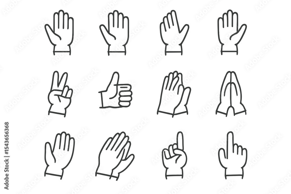 Poster different hand gestures illustrated in a simple black and white design showcasing various meanings a