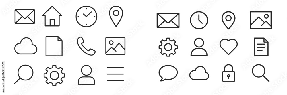 Poster Collection of outline icons representing various digital communication and organizational tools in a modern setting