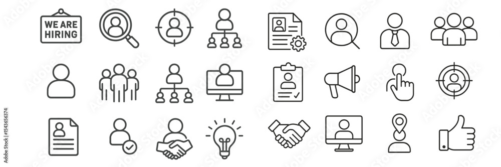 Poster Multiple icons representing hiring process, teamwork, and job search activities in a clean design for digital use