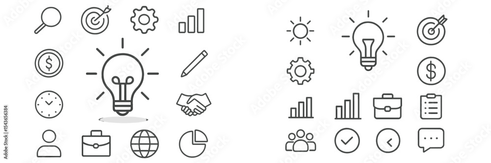 Poster Creative business concepts represented through simple line art symbols depicting ideas, teamwork, and strategies in a modern setting