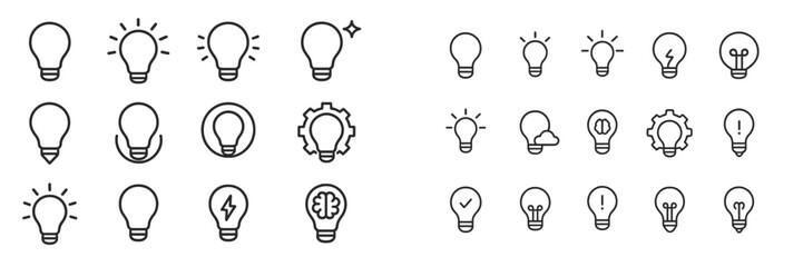 Collection of light bulb icons representing various concepts and ideas in a simple, minimalist style
