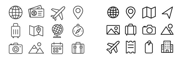 Variations of travel-related icons showcasing exploration and adventure elements in a minimalist design