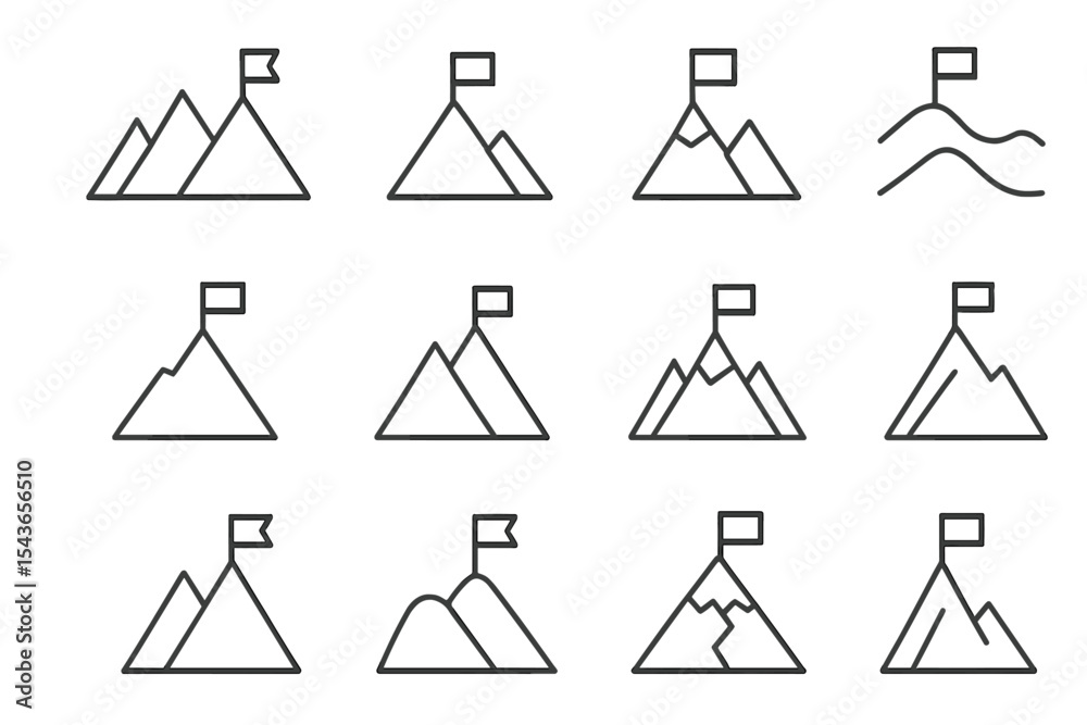 Aufkleber Various mountain icons with flags representing achievement and exploration in simple line design