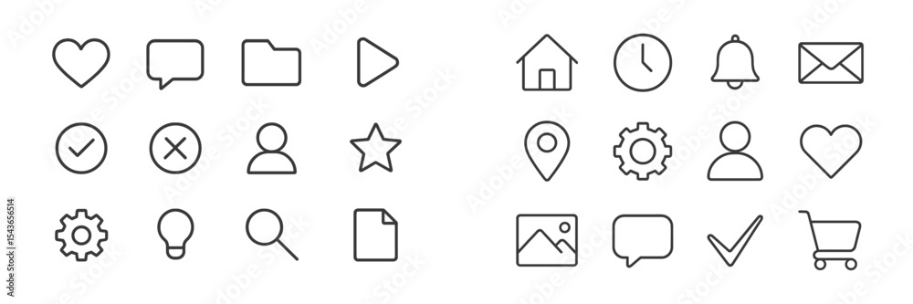Aufkleber Collection of simple line icons representing various concepts and actions for digital applications, displayed in two rows