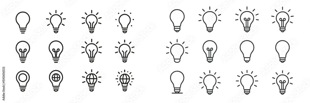 Poster Collection of various light bulb icons in simple line art style showcasing creativity and design elements