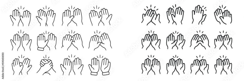 Poster various hand illustrations representing clapping, applause, and gestures in different styles and ori