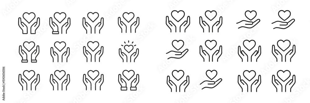 Poster various hand-drawn heart icons representing love and care for different contexts and emotions in a s