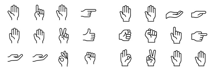 Hand gestures showing various signs for communication and expression in black outline design