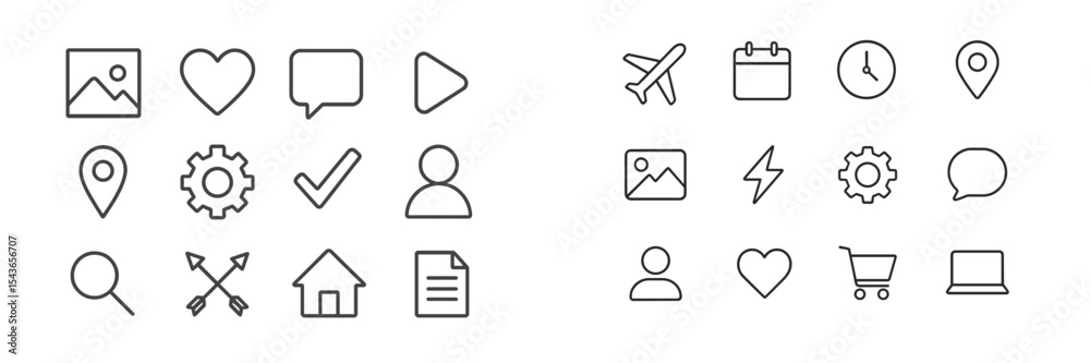 Poster Collection of simple line icons representing various activities and objects for design purposes