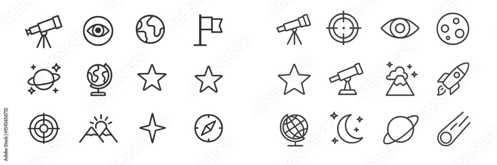 Poster various astronomy and exploration icons featuring telescopes, celestial bodies, and navigation symbo