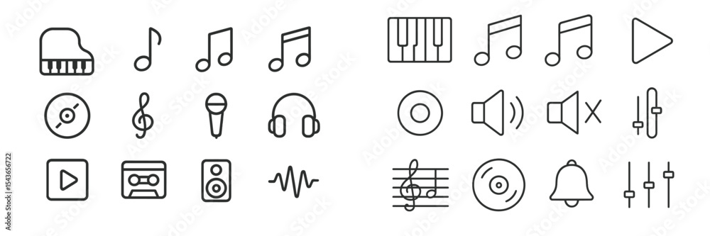 Poster collection of musical icons representing various elements of audio and musical activities in a moder