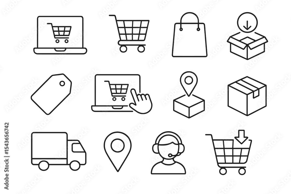 Poster shopping icons showcasing e-commerce activities and online purchasing elements suitable for various 