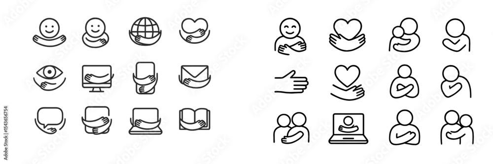 Poster various simple line art designs showcasing themes of connection, care, and support in a minimalist s
