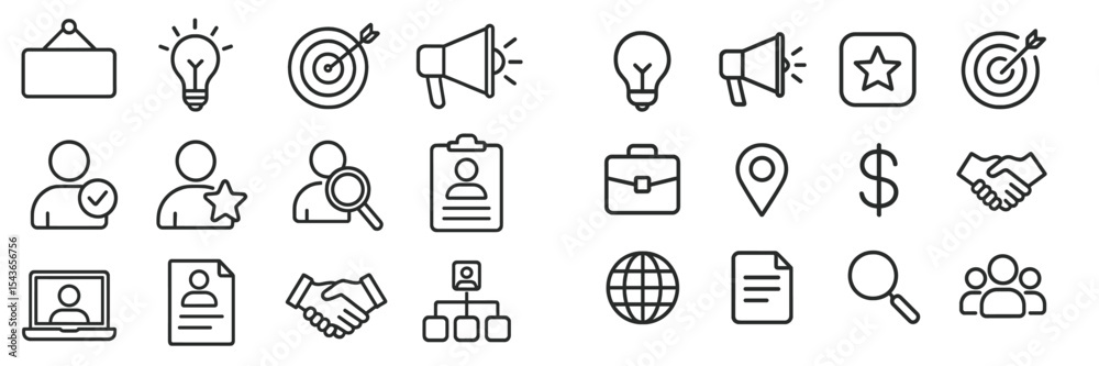 Poster business icons representing teamwork, strategy, and technology in a minimalist design suitable for p