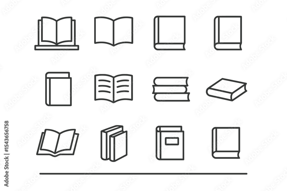 Poster collection of simple line icons depicting various styles of books and their arrangements in a minima