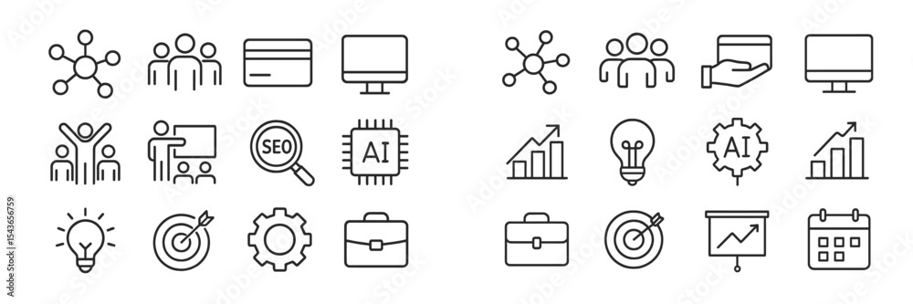Poster exploring various icons representing business concepts, technology, and teamwork in a linear design 