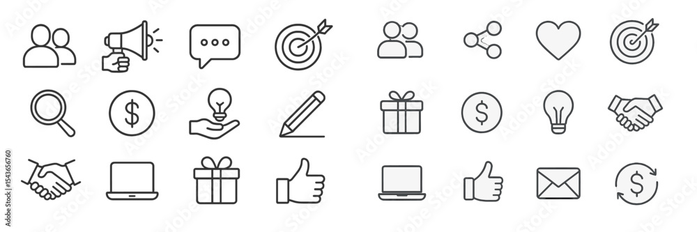 Poster collection of minimalistic icons representing communication, business, and teamwork concepts in a di