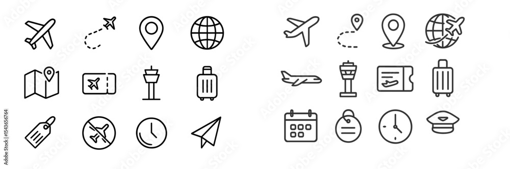 Poster travel icons represent various aspects of air travel and navigation around the world in a minimalist