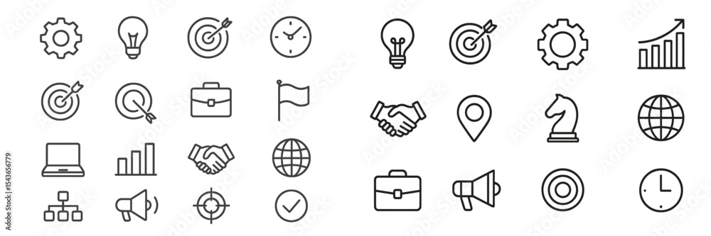 Poster collection of business and technology icons representing various concepts like teamwork, strategy, a