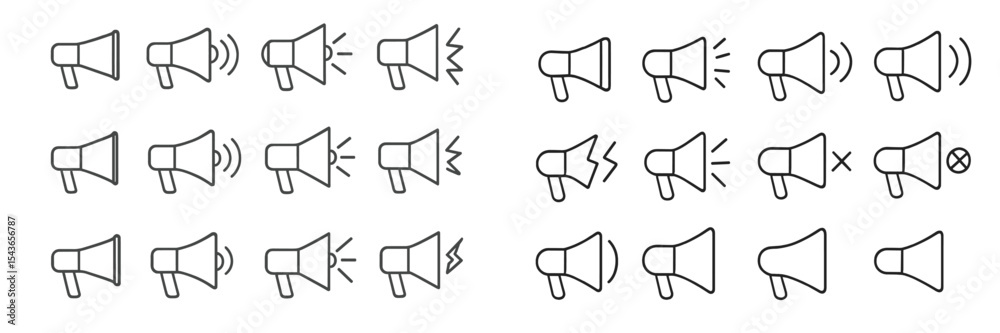 Aufkleber collection of various megaphone icons displaying different sounds and effects for use in design proj