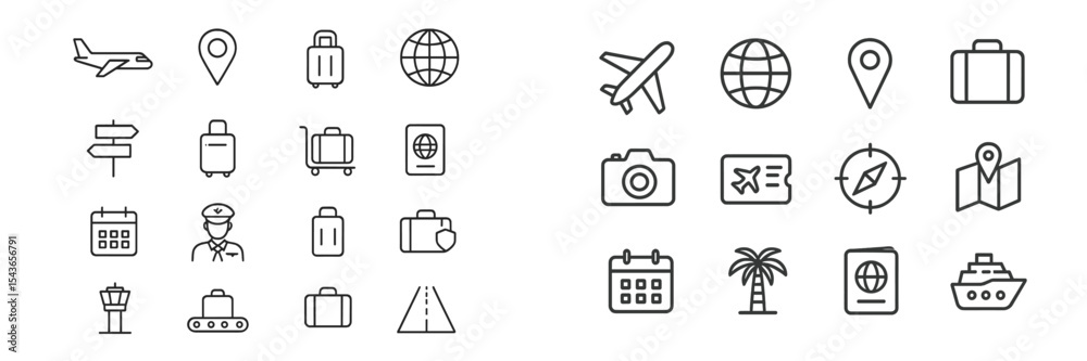 Poster Collection of travel icons depicting various elements of journey planning and exploration in a minimalistic style