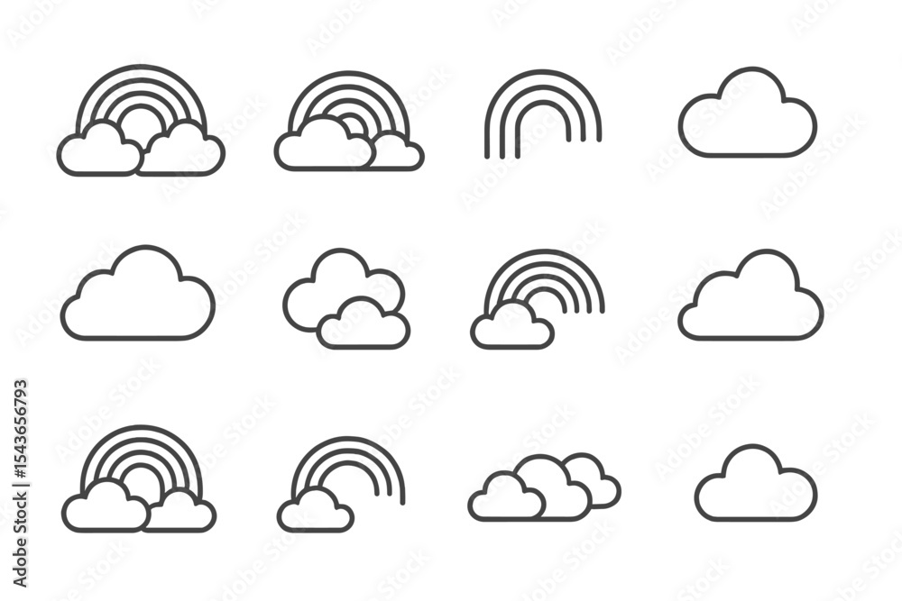 Poster Illustrations of rainbows and clouds in various styles for creative projects and designs