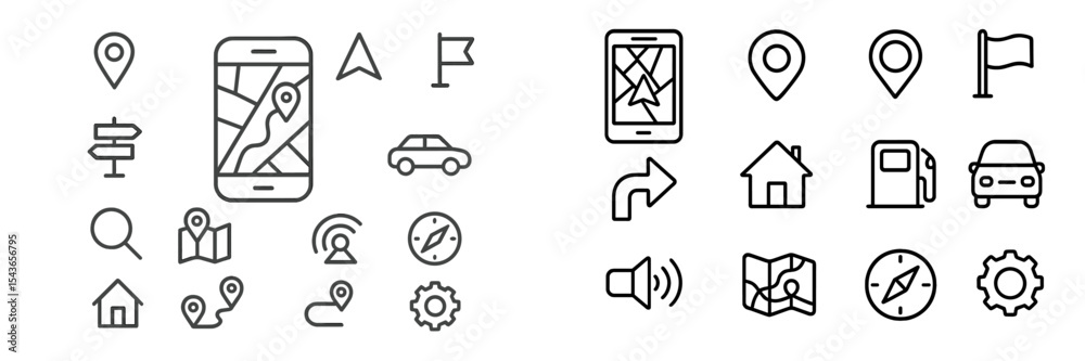 Poster Collection of various navigation icons representing maps, vehicles, and location markers in a modern design