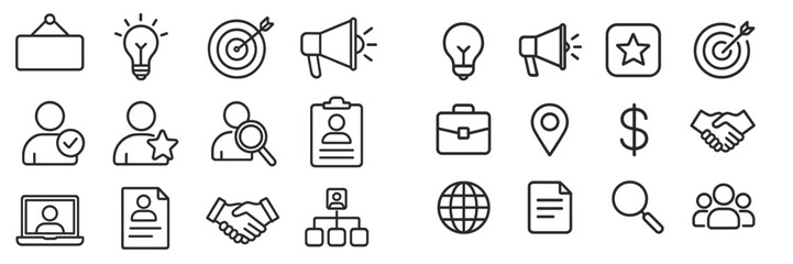 Business icons representing teamwork, strategy, and technology in a minimalist design suitable for presentations or branding