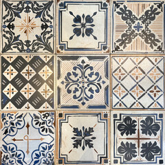 Colonial heritage patterned tiles in random floral, star, ornamental, engraving, and other abstract...