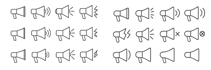 Collection of various megaphone icons displaying different sounds and effects for use in design projects