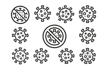 COVID-19 virus illustrations with prevention symbols displayed on a white background