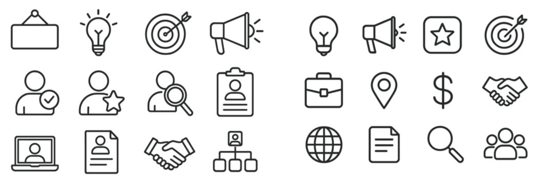 Business icons representing teamwork, strategy, and technology in a minimalist design suitable for presentations or branding