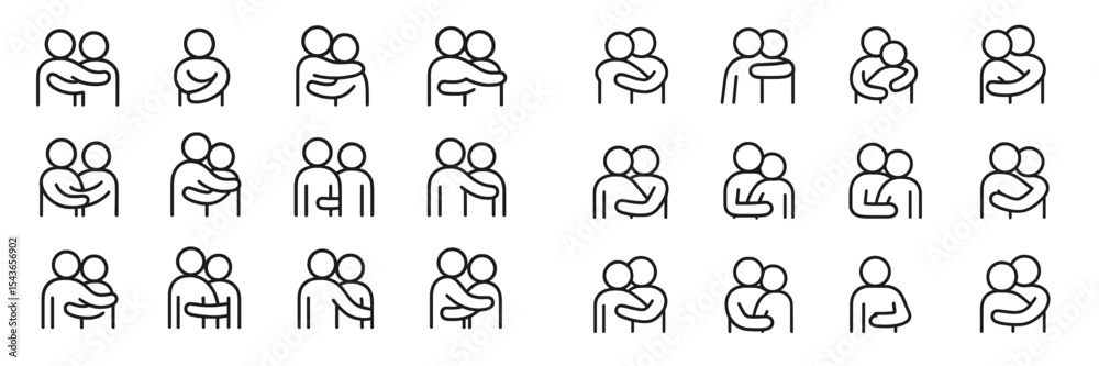 Poster Collection of simple line drawings depicting various styles of hugs between two figures in different positions