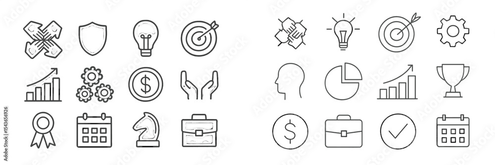 Poster collection of various business and productivity icons in simple line art style for digital design us