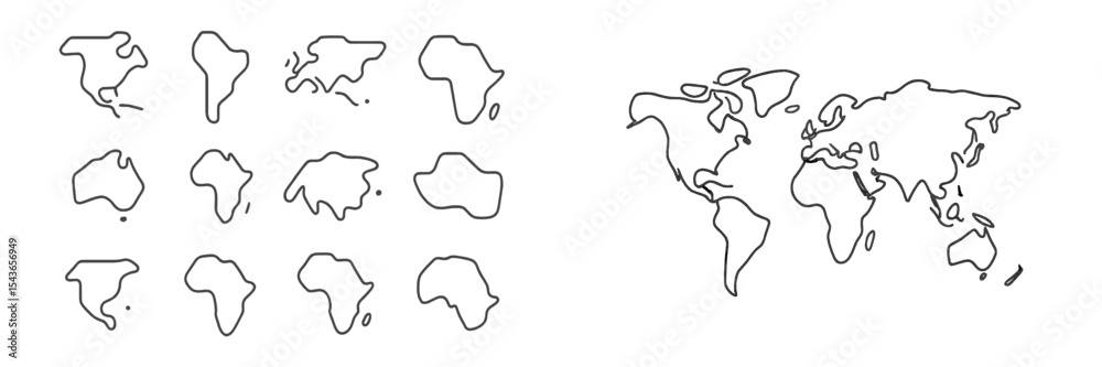 Poster detailed hand-drawn outline map of continents and world showcasing geographic shapes and features