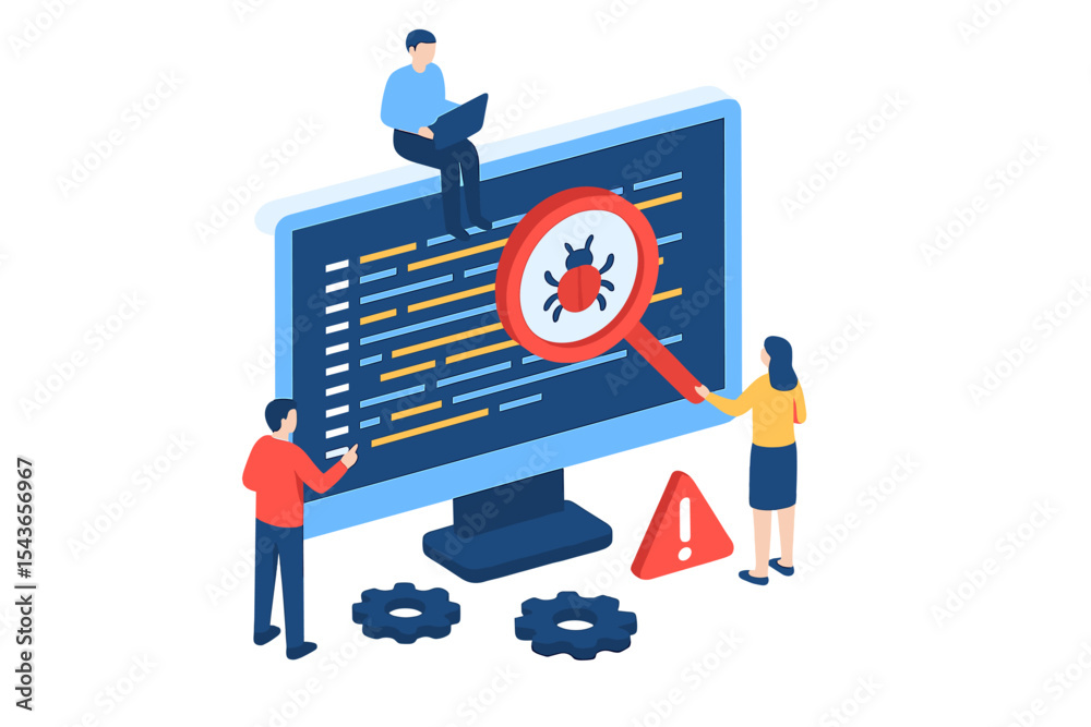 Poster Software developers collaborate in a digital environment to identify and fix bugs in code at a tech office