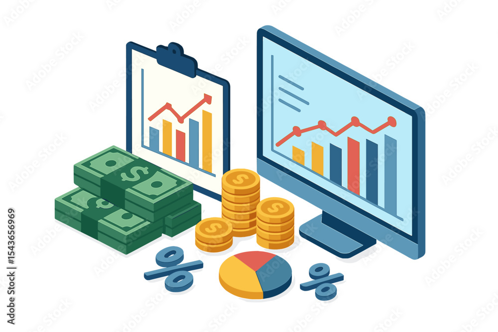 Poster financial analysis tools display charts and cash on a desk in a modern workspace